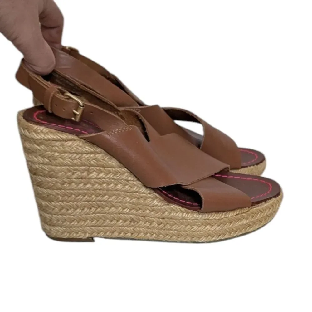 Boden Size 37 US 7 Brown Crossover Rope Platform Wedge Leather Espadrille Sandal